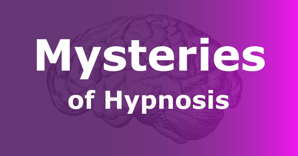 Brain illustration with 'Mysteries of Hypnosis' text overlay