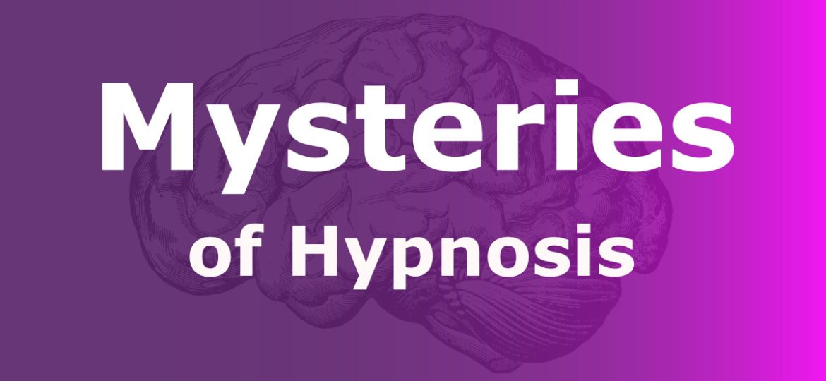 Brain illustration with 'Mysteries of Hypnosis' text overlay