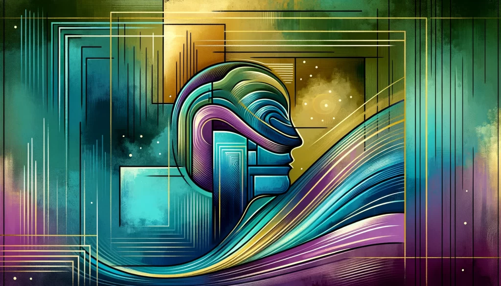 Abstract representation of the modern era in hypnotism with teals, purples, and electric yellows, symbolizing innovation and progress.