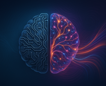 Abstract digital illustration of a human brain split into two halves—one side made of metallic circuits, the other glowing with colorful neural pathways, representing neuroplasticity and brain transformation.
