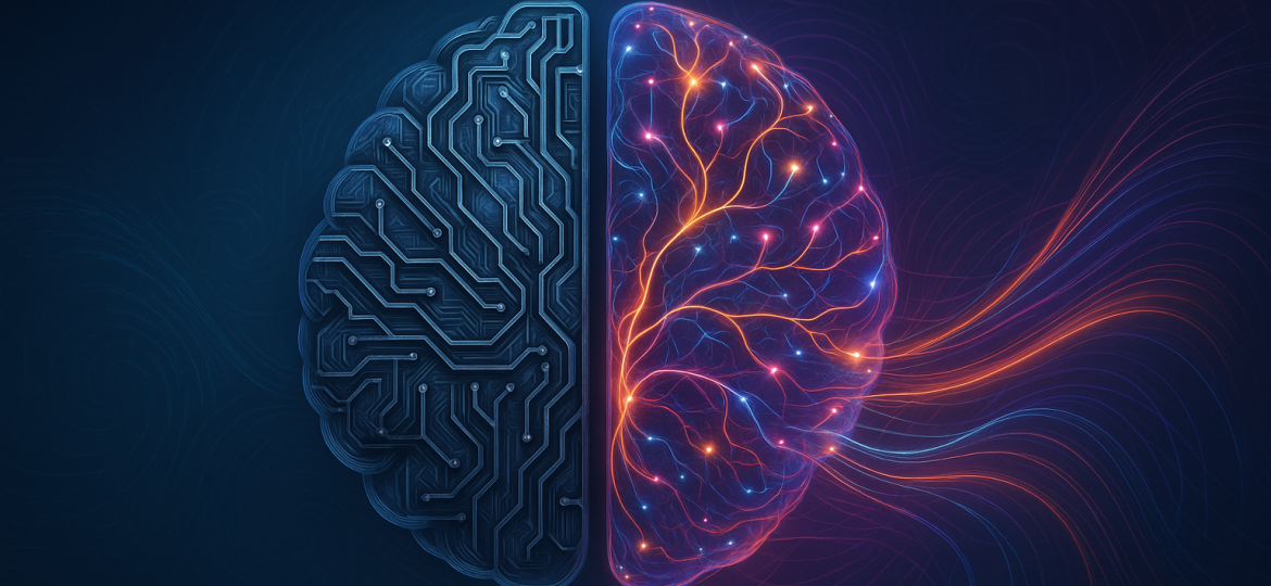 Abstract digital illustration of a human brain split into two halves—one side made of metallic circuits, the other glowing with colorful neural pathways, representing neuroplasticity and brain transformation.