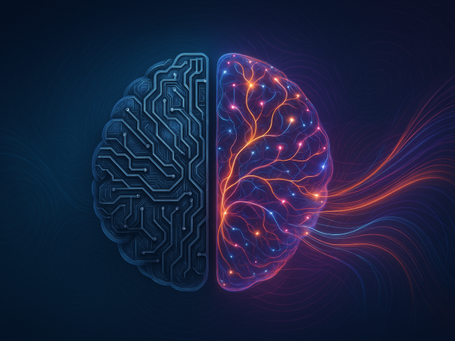 Abstract digital illustration of a human brain split into two halves—one side made of metallic circuits, the other glowing with colorful neural pathways, representing neuroplasticity and brain transformation.